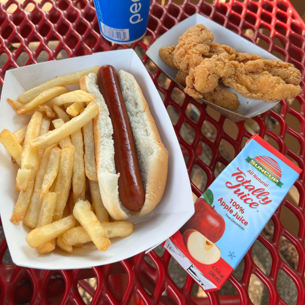 Chicken tenders, a hot dog, and fries from Hot Diggity Dogs