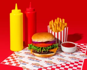 A cheeseburger and french fries at Holiday World & Splashin' Safari in Santa Claus, Indiana.