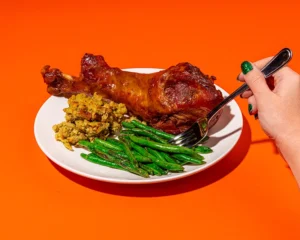 A turkey leg meal with stuffing and green beans from Plymouth Rock Café at Holiday World & Splashin' Safari in Santa Claus, Indiana.