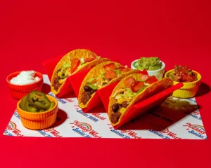 Three tacos with toppings from Holiday World & Splashin' Safari in Santa Claus, Indiana.