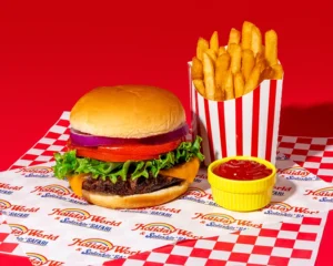 A cheeseburger and french fries at Holiday World & Splashin' Safari in Santa Claus, Indiana.