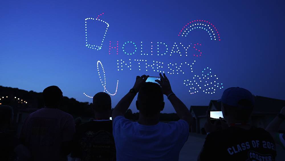 Drones make up the "Holidays in the Sky" logo during the show of the same name at Holiday World.