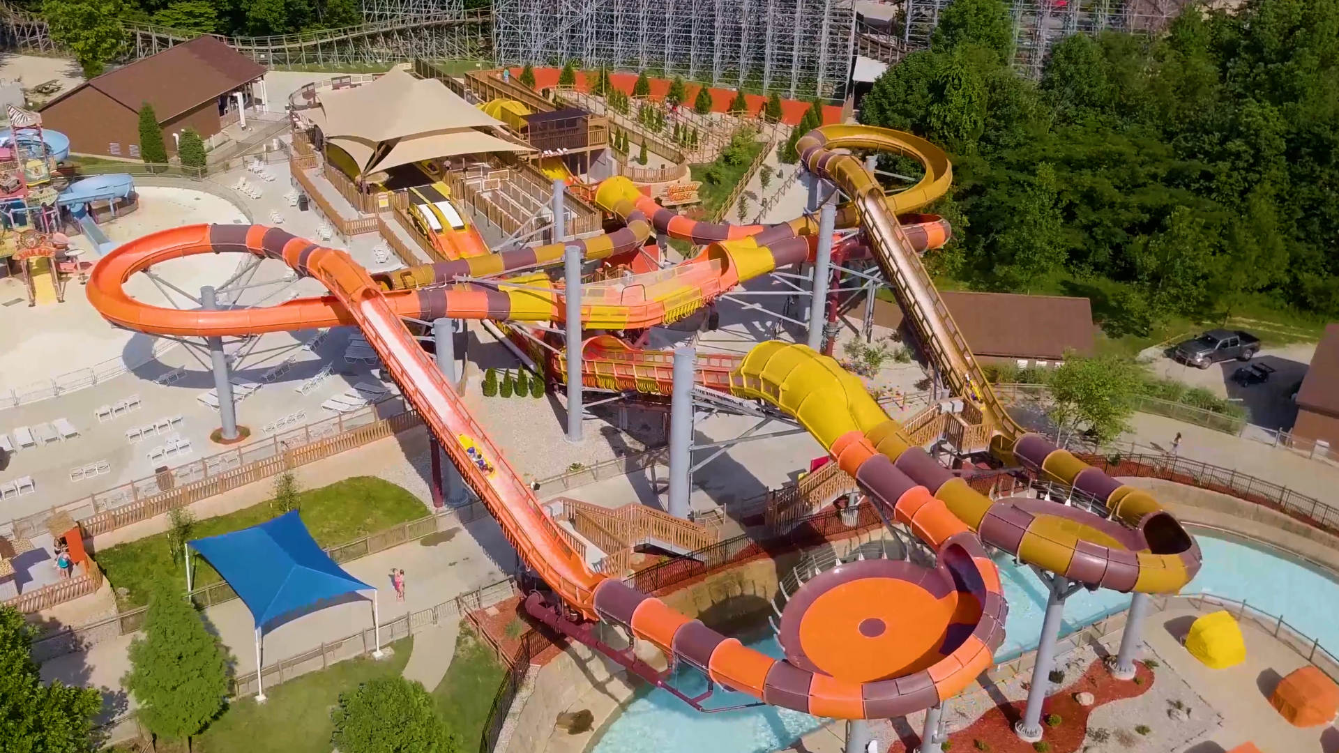 Aerial view of Cheetah Chase Water Coaster at Holiday World & Splashin' Safari in Santa Claus, Indiana.