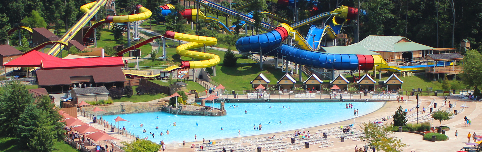 Wildebeest and Mammoth water coasters are visible in this aerial shot of the water park, as a few families enjoy Bahari Wave Pool.