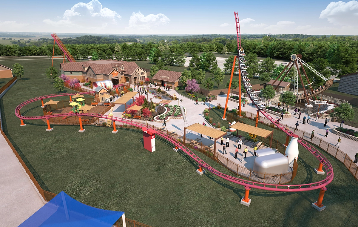 Rendering looking from the West of Good Gravy! Family Coaster at Holiday World & Splashin' Safari in Santa Claus, Indiana.