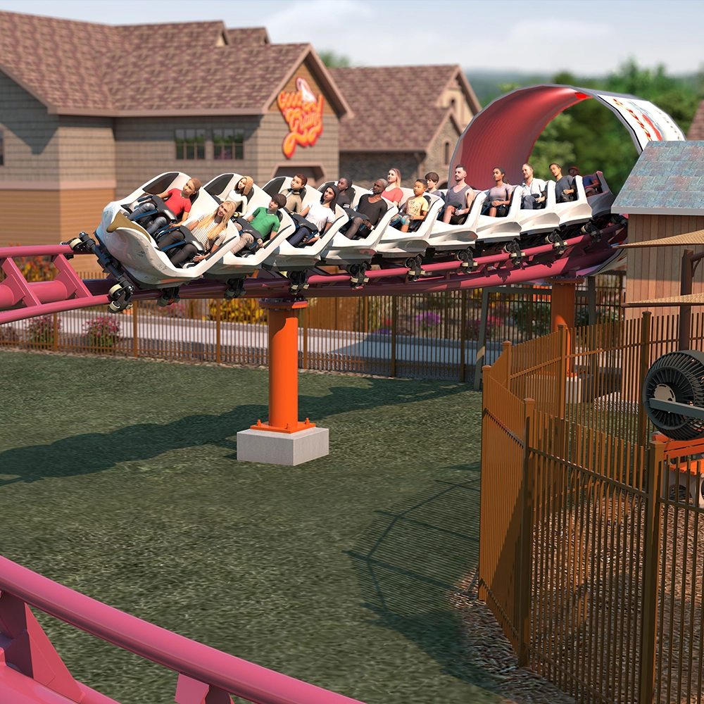 Rendering of the Good Gravy! train exiting the cranberry can tunnel at Holiday World & Splashin' Safari in Santa Claus, Indiana.