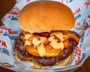 Monster Burger at Goblin Burgers. Topped with Garlic Cheese Curds, Onion Straws, and Chipotle Ranch.