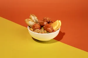 Orange Chicken with Potstickers & Fried Rice available at Holiday World & Splashin' Safari