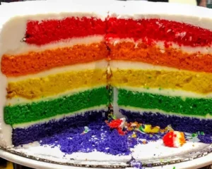 A 5-layer cake with rainbow-colored layers.