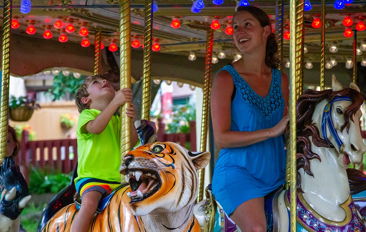 A curious young boy looks up to see the mechanism raising and lower his tiger on Star Spangled Carousel at Holiday World & Splashin' Safari in Santa Claus, Indiana.