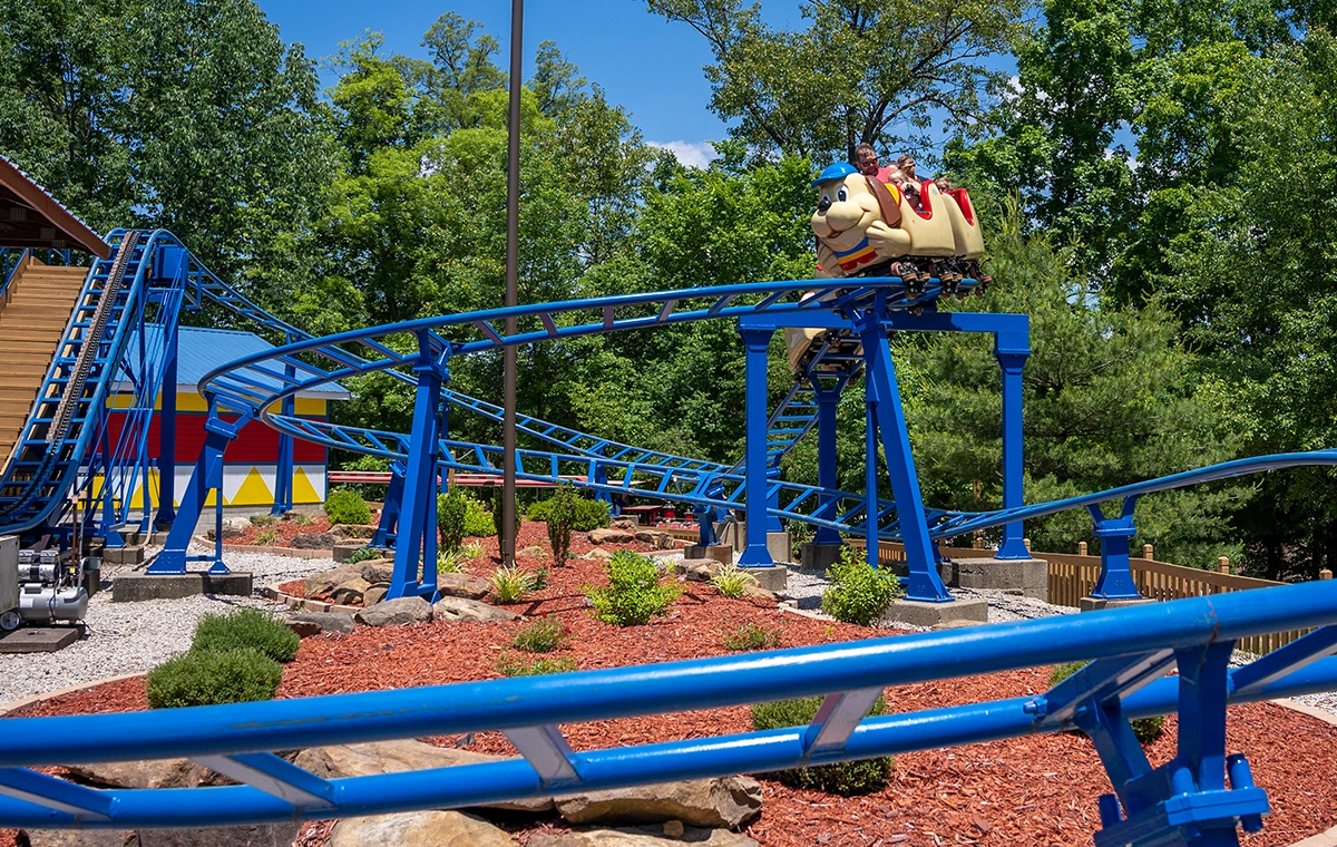 A wide look at the structure and landscaping of The Howler at Holiday World & Splashin' Safari in Santa Claus, Indiana.