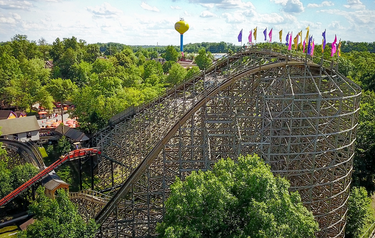 Aerial shot of The Legend Wooden Roller Coaster's Lift Hill with the iconic Water Tower at Holiday World & Splashin' Safari in Santa Claus, Indiana.