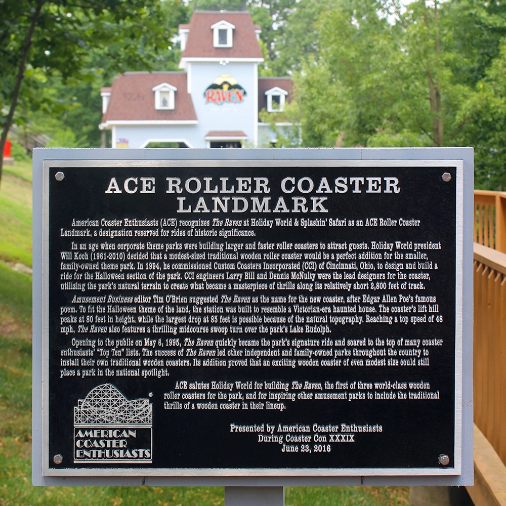 The American Coaster Enthusiast's Roller Coaster Landmark plaque near the exit of The Raven at Holiday World & Splashin' Safari in Santa Claus, Indiana