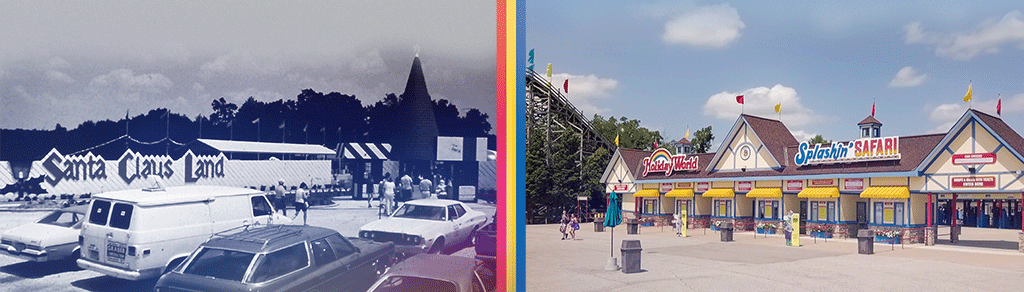 Side-by-side photos of the front gate of both Santa Claus Land and Holiday World & Splashin' Safari