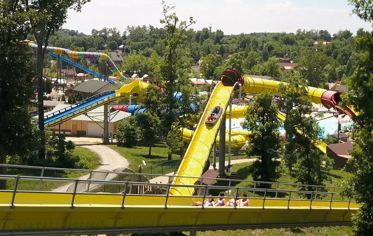 The lift hill and one of the LIM launches of Wildebeest Water Coaster at Holiday World & Splashin' Safari in Santa Claus, Indiana