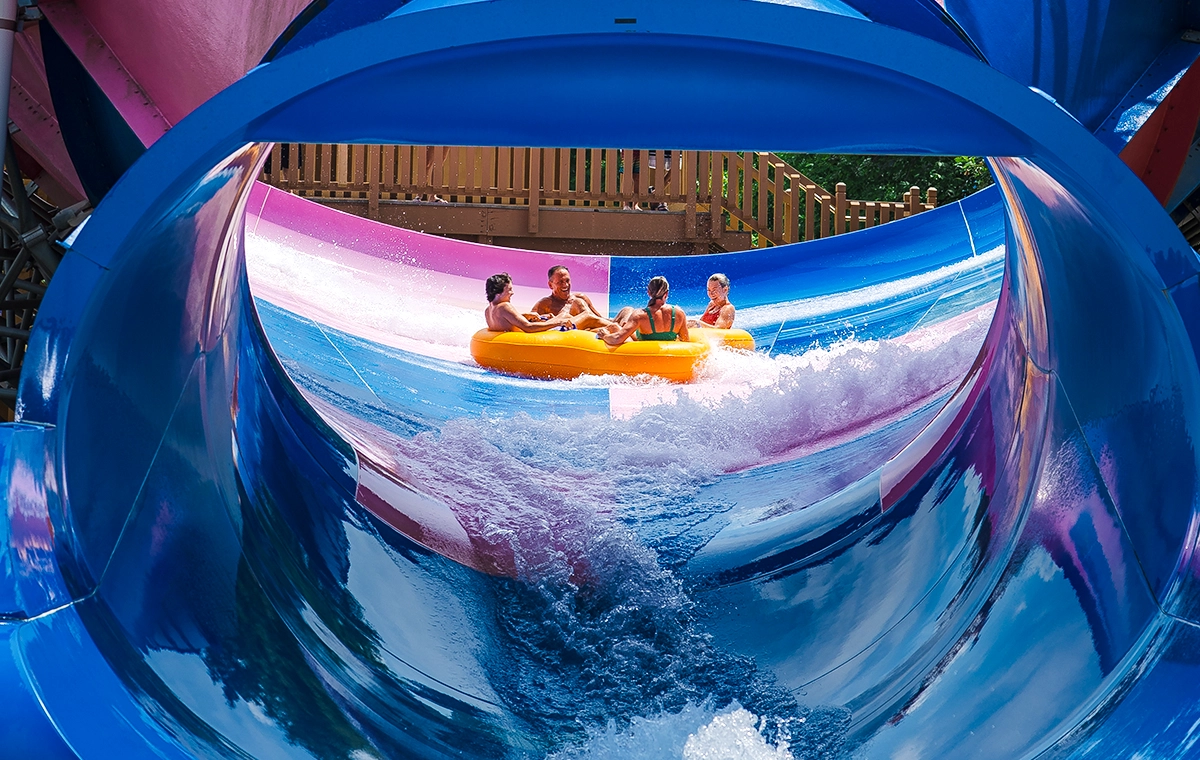 Looking at a raft of riders through the end of the "funnel" of Zinga at Holiday World & Splashin' Safari in Santa Claus, Indiana.