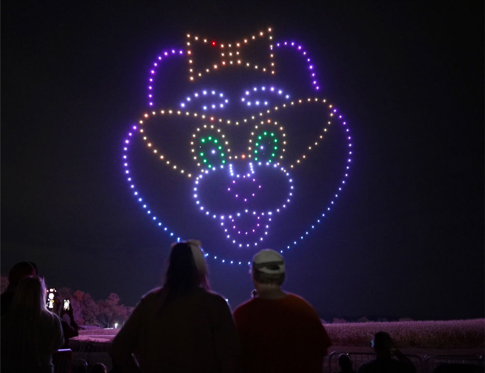 The face of Kitty Claws made by drones during Halloween in the Sky at Holiday World.