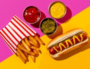 Hot Dog with French Fries and Dipping Sauce on a Pink and Yellow Background from Holiday World & Splashin' Safari