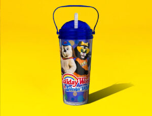 A souvenir cup featuring Holidog and Kitty Claws from Holiday World & Splashin' Safari in Santa Claus, Indiana.