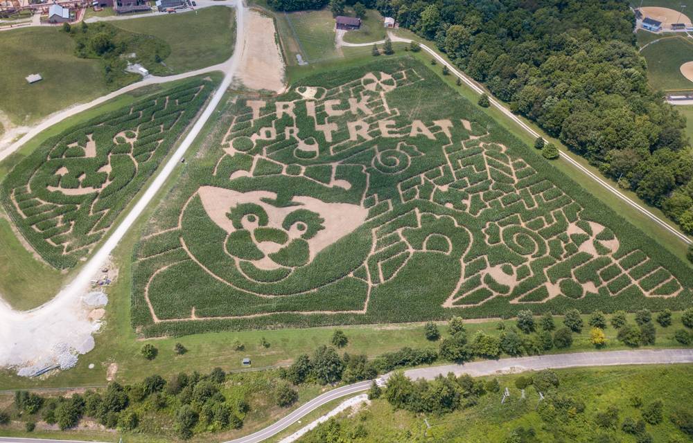2023 Happy Halloween Weekends Corn Maze aerial photo. The corn maze features Kitty Claws