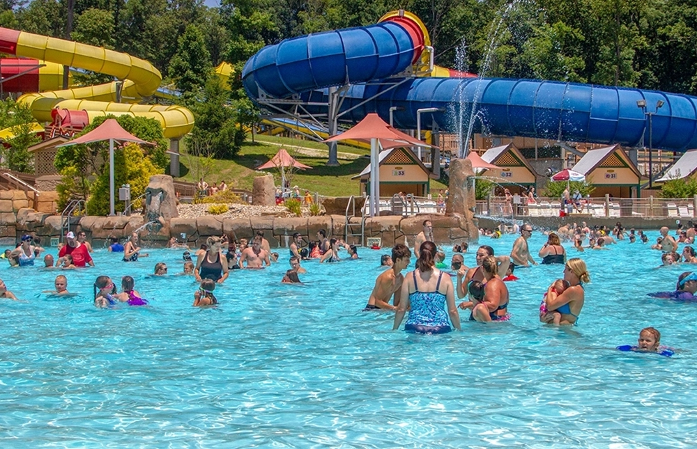 Bahari Wave Pool with Wildebeest and Mammoth water coasters at Holiday World & Splashin' Safari in Santa Claus, Indiana.