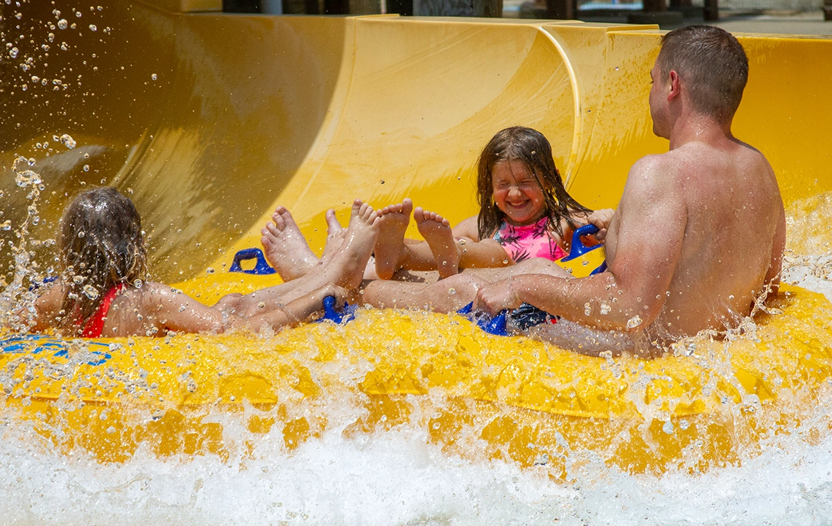 Riders enter the splashdown pool on Bakuli water slide at Holiday World & Splashin' Safari in Santa Claus, Indiana.