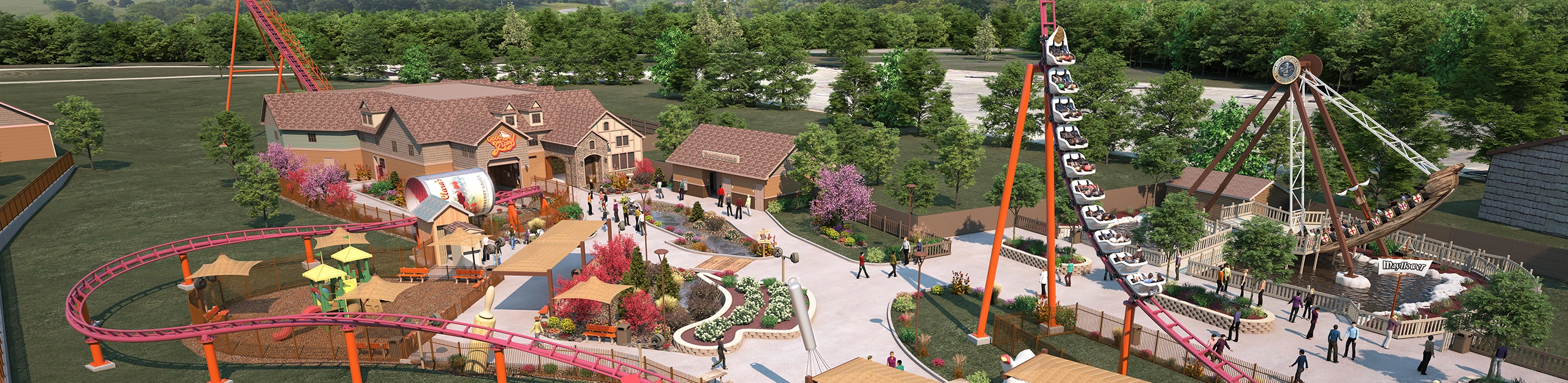 Rendering of Good Gravy and the midways of the Stuffing Springs area of Holiday World.