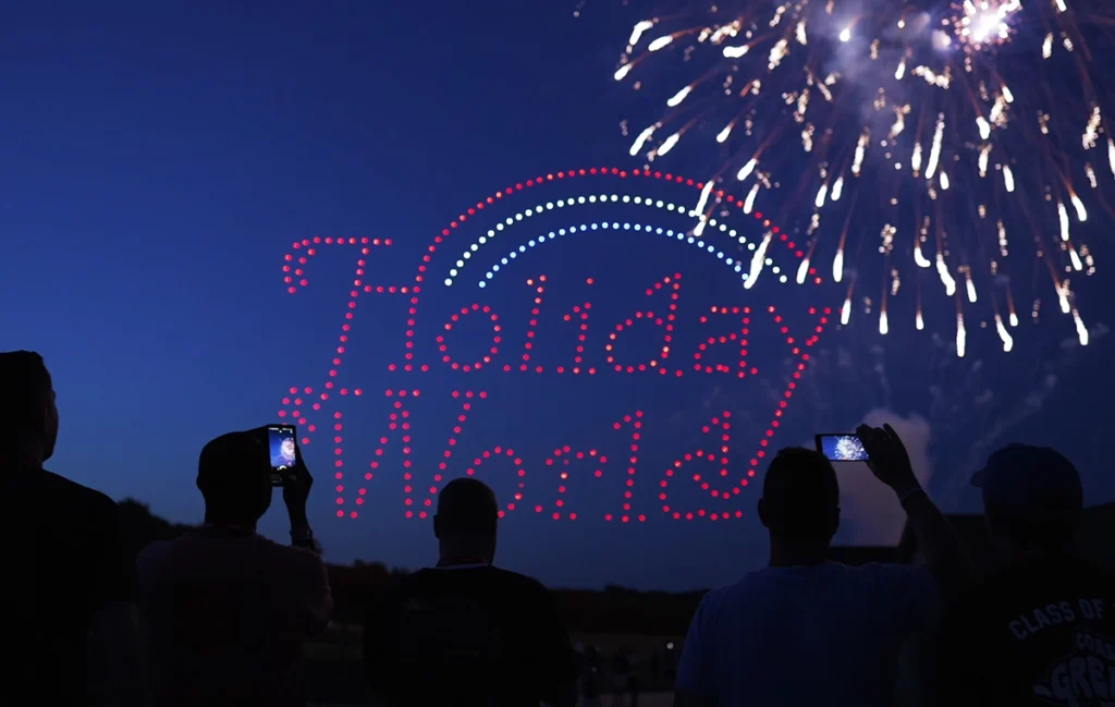 Drones make up the Holiday World logo as fireworks display during Holidays in the Sky.