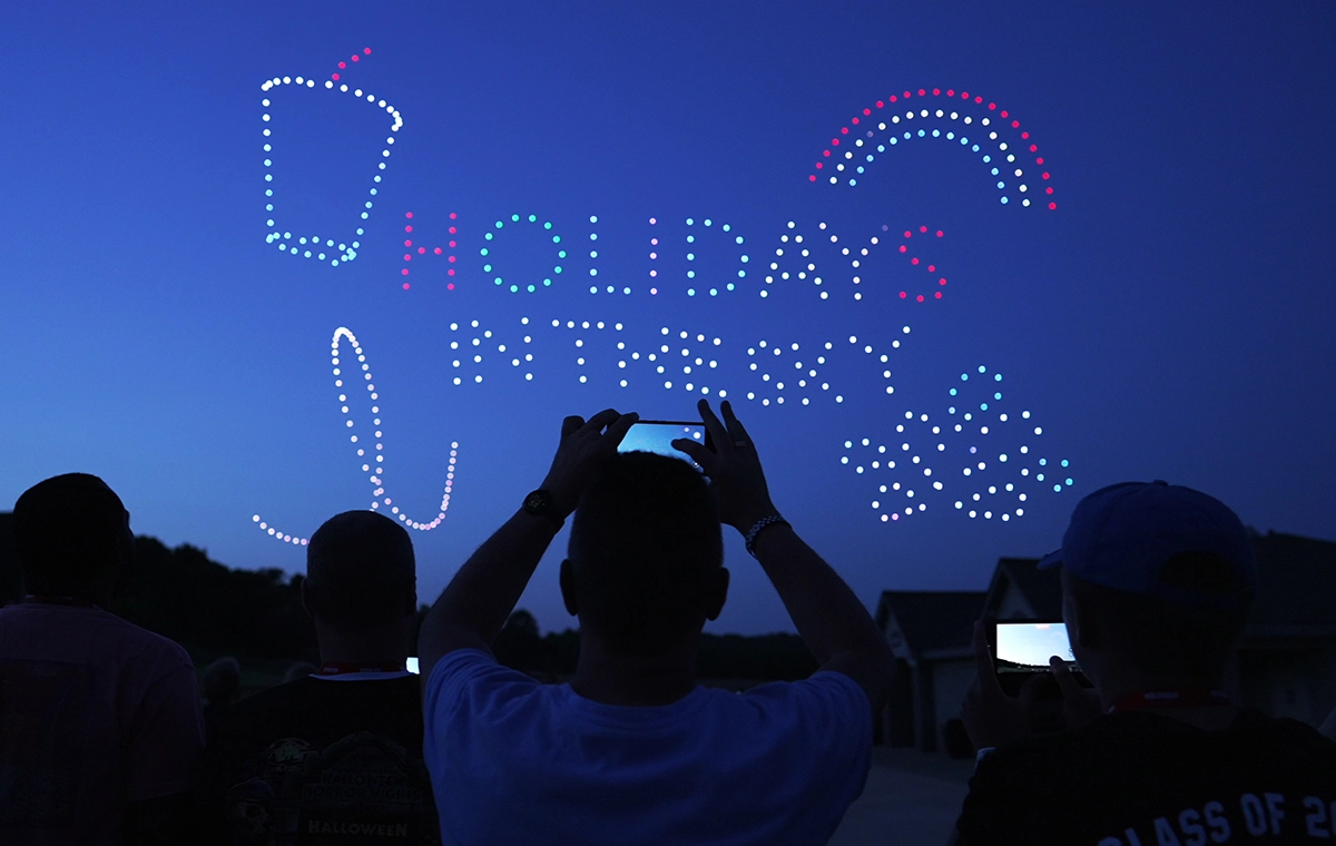 Drones make up the "Holidays in the Sky" logo during the show of the same name at Holiday World.