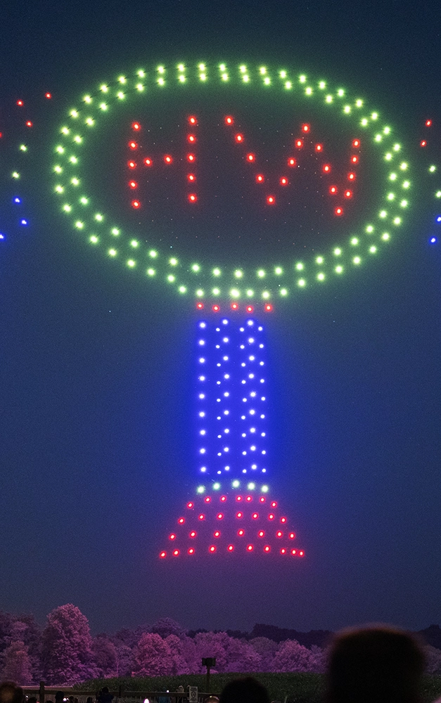 Drones creating an image of the Holiday World Water Tower during Holidays in the Sky.