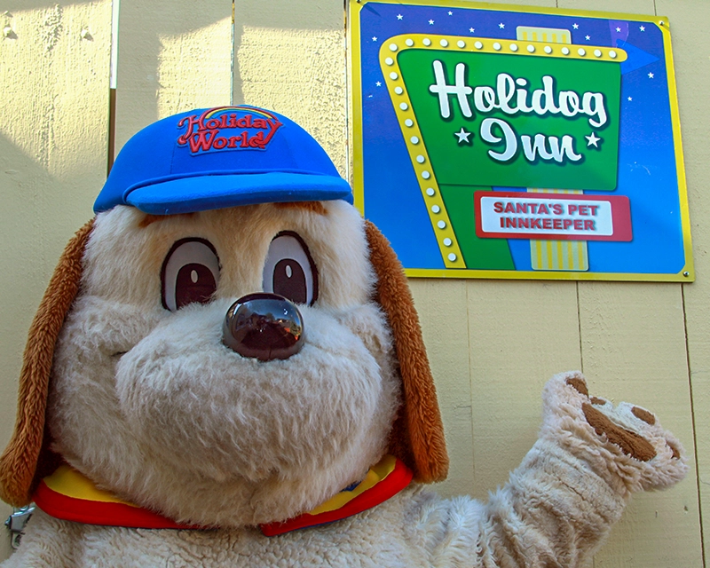 Holidog shows off the entrance to the Holidog Inn, pet boarding at Holiday World.