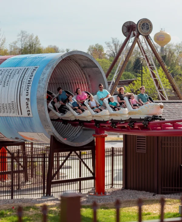 Good Gravy! Family Roller Coaster coming through giant cranberry sauce can tunnel