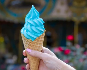 A waffle cone of Udderly Blue Ice Cream at Holiday World.