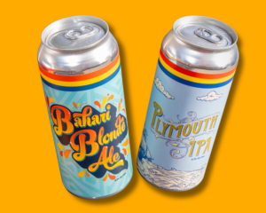 Bahari Blonde Ale and Plymouth IPA cans on orange background