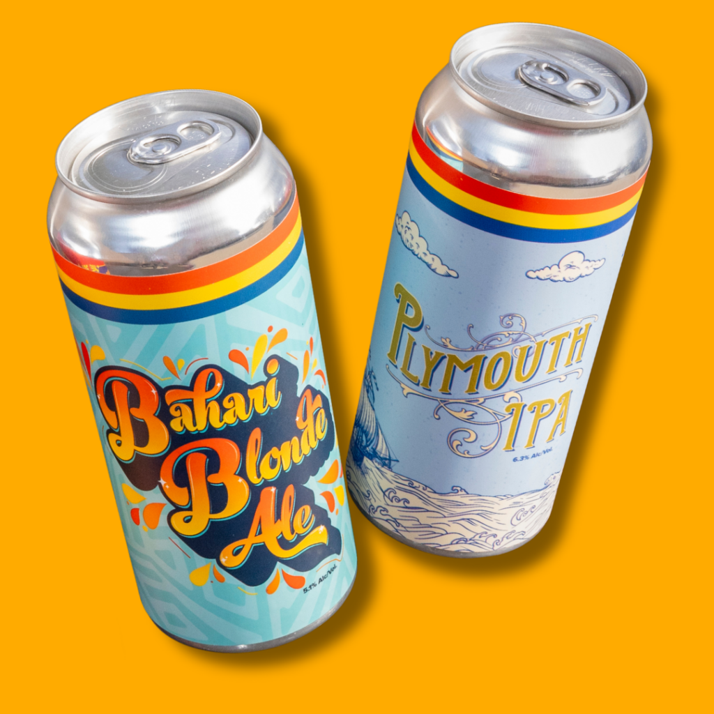 Bahari Blonde Ale and Plymouth IPA Cans on orange background