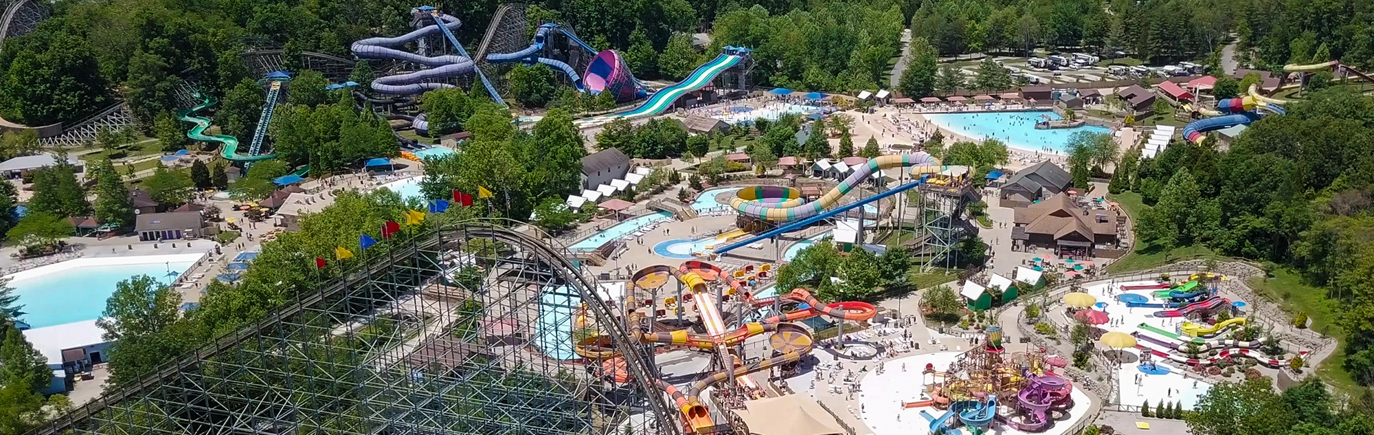 Aerial view of Voyage's lift hill with Splashin' Safari behind.