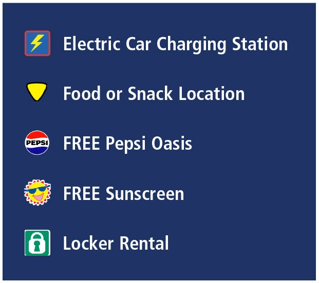 Electric car charging station, food or snack location, FREE Pepsi Oasis, FREE sunscreen, locker rental