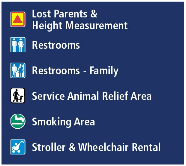 Lost parents & height measurement, restrooms, restrooms - family, service animal relief area, smoking area, stroller & wheelchair rental