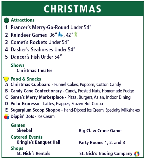 Christmas attractions, shows, food & snacks, Games, and more at Holiday World & Splashin' Safari.