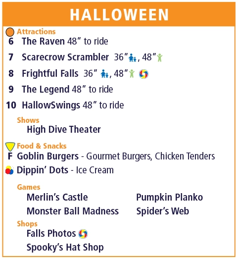 Halloween attractions, shows, food & snacks, Games, and more at Holiday World & Splashin' Safari.
