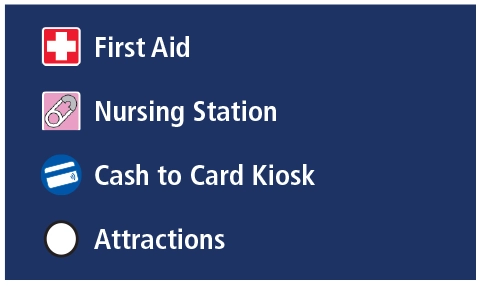 First Aid, Nursing Station, Cash to Card Kiosk, Attractions