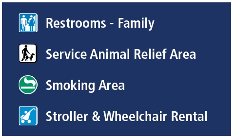 Family Restrooms, Service Animal Relief Area, Smoking Area, Stroller & Wheelchair Rental