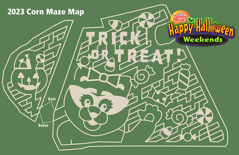 2023 Happy Halloween Weekends Corn Maze graphic. The corn maze features Kitty Claws, a pumpkin, candies, and the words "Trick or Treat".