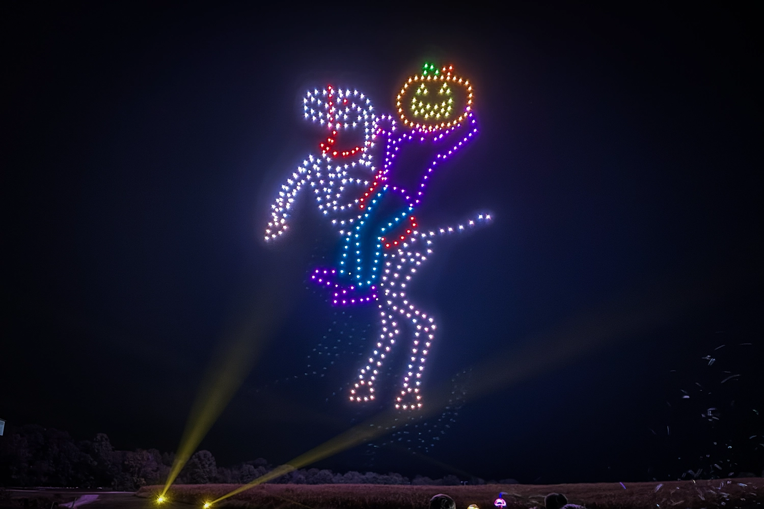 The Headless Horseman formed by drones during Halloween in the Sky at Holiday World.