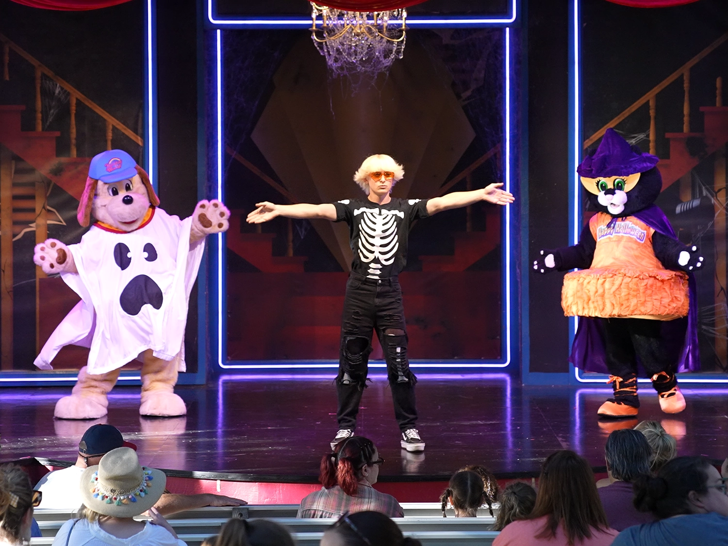 Holidog & Kitty Claws show off their moves during Kitty's Dance Spooktacular at Holiday World's Happy Halloween Weekends.