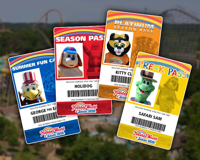 Season Pass options at Holiday World: Platinum Season Pass, Season Pass, Summer Fun Card, and the FREE Pre-K Pass.