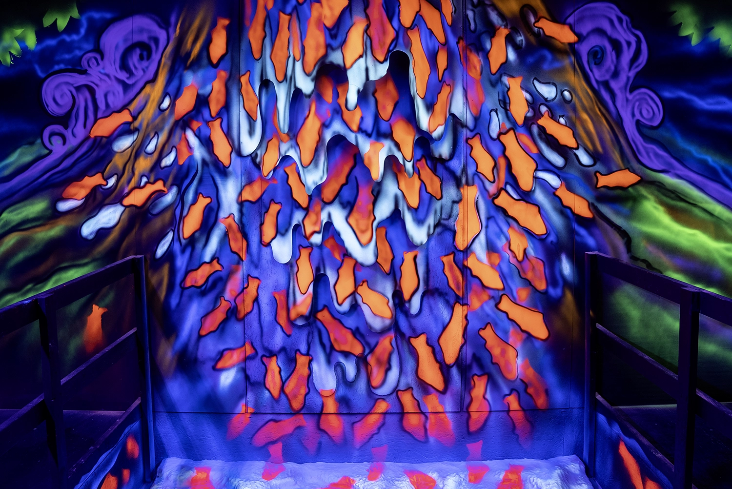 A waterfall of "sweetest fish" inside Kitty's 3D Candy Farm during Happy Halloween Weekends at Holiday World.