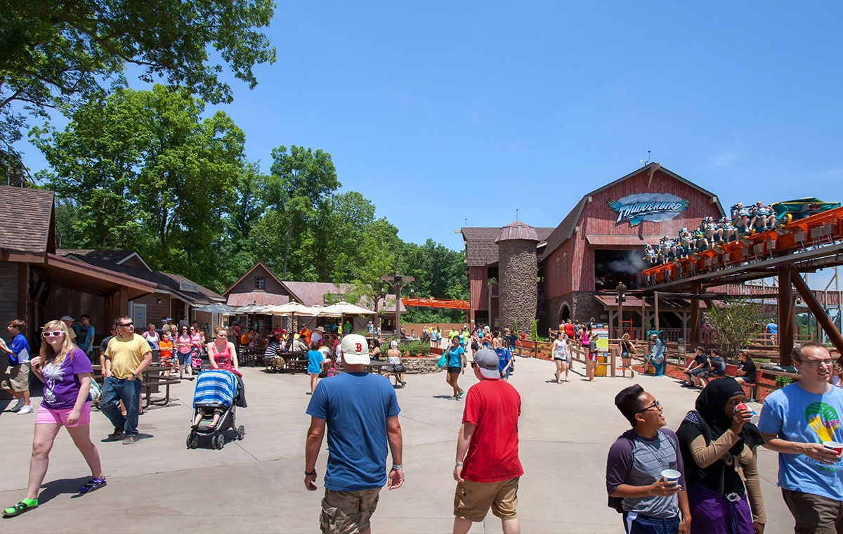 An exterior view of the station building as a train launches on Thunderbird Wing Coaster at Holiday World & Splashin' Safari in Santa Claus, Indiana.