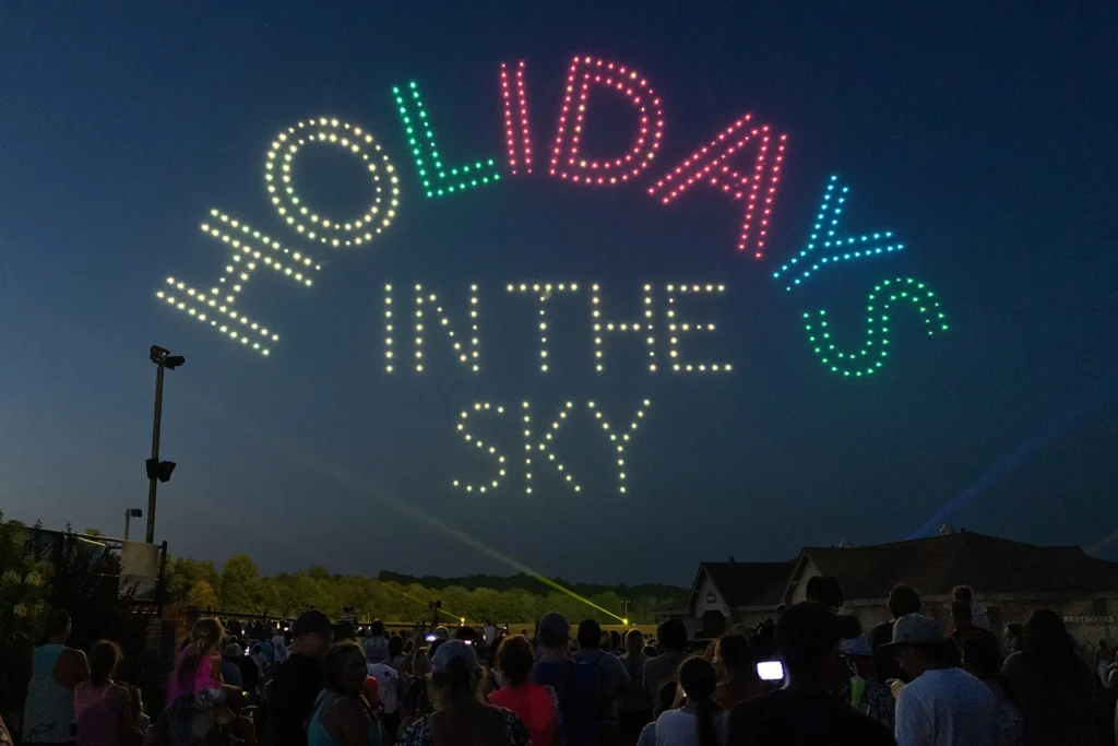 Drones spelling out "Holidays in the Sky" during the 2024 drone show of the same name.
