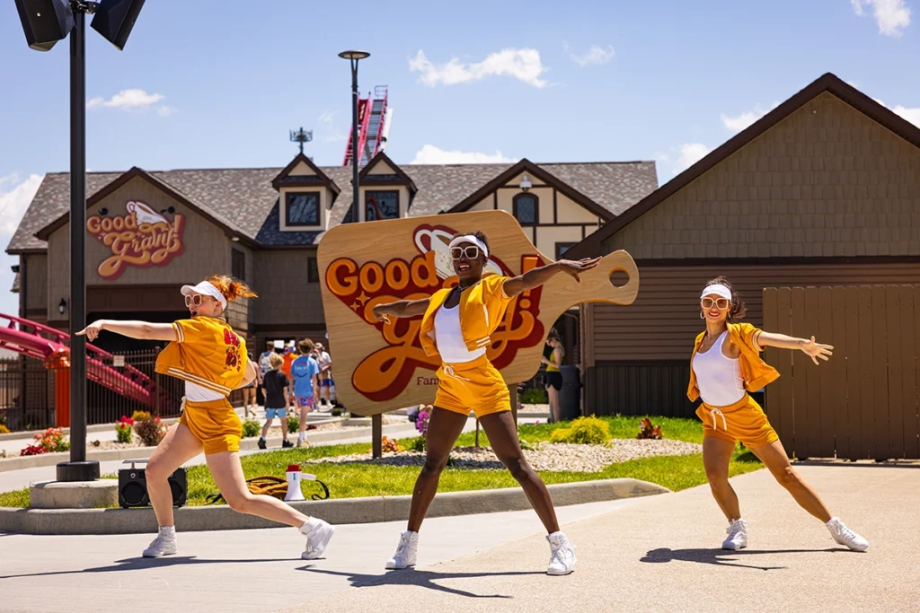 Gobble Groove Crew dances in front of Good Gravy! at Holiday World